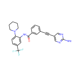 Nc1ncc(C#Cc2cccc(C(=O)Nc3cc(C(F)(F)F)ccc3N3CCCCC3)c2)cn1 ZINC000014957129