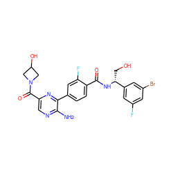 Nc1ncc(C(=O)N2CC(O)C2)nc1-c1ccc(C(=O)N[C@H](CO)c2cc(F)cc(Br)c2)c(F)c1 ZINC001772653768