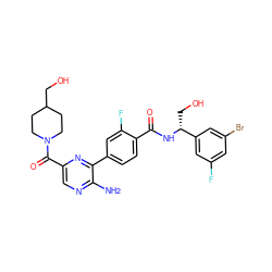 Nc1ncc(C(=O)N2CCC(CO)CC2)nc1-c1ccc(C(=O)N[C@H](CO)c2cc(F)cc(Br)c2)c(F)c1 ZINC001772647624