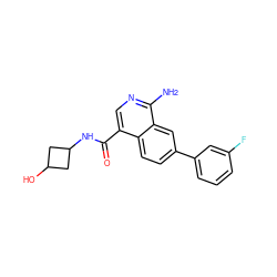 Nc1ncc(C(=O)NC2CC(O)C2)c2ccc(-c3cccc(F)c3)cc12 ZINC000144761230