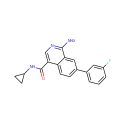 Nc1ncc(C(=O)NC2CC2)c2ccc(-c3cccc(F)c3)cc12 ZINC000144775849