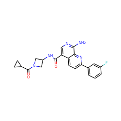 Nc1ncc(C(=O)NC2CN(C(=O)C3CC3)C2)c2ccc(-c3cccc(F)c3)nc12 ZINC000144770252