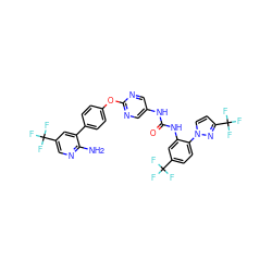 Nc1ncc(C(F)(F)F)cc1-c1ccc(Oc2ncc(NC(=O)Nc3cc(C(F)(F)F)ccc3-n3ccc(C(F)(F)F)n3)cn2)cc1 ZINC000221140339