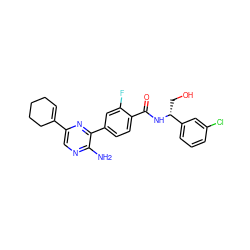Nc1ncc(C2=CCCCC2)nc1-c1ccc(C(=O)N[C@H](CO)c2cccc(Cl)c2)c(F)c1 ZINC001772651738