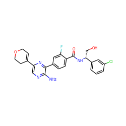Nc1ncc(C2=CCOCC2)nc1-c1ccc(C(=O)N[C@H](CO)c2cccc(Cl)c2)c(F)c1 ZINC001772630365