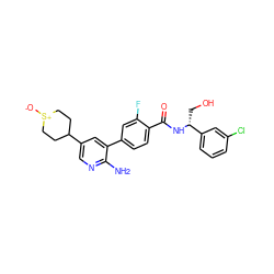 Nc1ncc(C2CC[S+]([O-])CC2)cc1-c1ccc(C(=O)N[C@H](CO)c2cccc(Cl)c2)c(F)c1 ZINC001772571336