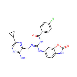 Nc1ncc(C2CC2)nc1C/N=C(/NC(=O)c1ccc(Cl)cc1)Nc1ccc2[nH]c(=O)oc2c1 ZINC000473154687