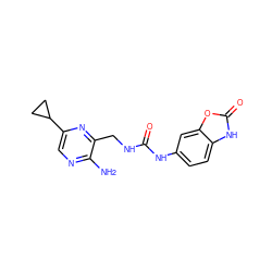 Nc1ncc(C2CC2)nc1CNC(=O)Nc1ccc2[nH]c(=O)oc2c1 ZINC000473154402