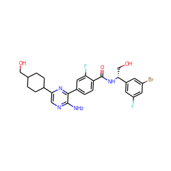 Nc1ncc(C2CCC(CO)CC2)nc1-c1ccc(C(=O)N[C@H](CO)c2cc(F)cc(Br)c2)c(F)c1 ZINC001772602856