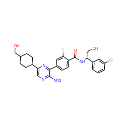 Nc1ncc(C2CCC(CO)CC2)nc1-c1ccc(C(=O)N[C@H](CO)c2cccc(Cl)c2)c(F)c1 ZINC001772610857