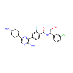 Nc1ncc(C2CCC(N)CC2)nc1-c1ccc(C(=O)N[C@H](CO)c2cccc(Cl)c2)c(F)c1 ZINC001772606209