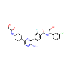 Nc1ncc(C2CCC(NC(=O)CO)CC2)nc1-c1ccc(C(=O)N[C@H](CO)c2cccc(Cl)c2)c(F)c1 ZINC001772618248