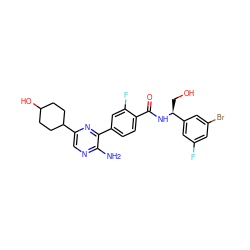 Nc1ncc(C2CCC(O)CC2)nc1-c1ccc(C(=O)N[C@@H](CO)c2cc(F)cc(Br)c2)c(F)c1 ZINC001772618240