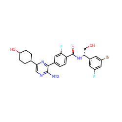 Nc1ncc(C2CCC(O)CC2)nc1-c1ccc(C(=O)N[C@H](CO)c2cc(F)cc(Br)c2)c(F)c1 ZINC001772615060