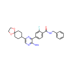 Nc1ncc(C2CCC3(CC2)OCCO3)nc1-c1ccc(C(=O)NCc2ccccc2)c(F)c1 ZINC001772602999