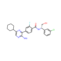 Nc1ncc(C2CCCCC2)nc1-c1ccc(C(=O)N[C@H](CO)c2cccc(Cl)c2)c(F)c1 ZINC001772651665