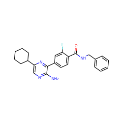 Nc1ncc(C2CCCCC2)nc1-c1ccc(C(=O)NCc2ccccc2)c(F)c1 ZINC001772636513