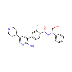 Nc1ncc(C2CCNCC2)cc1-c1ccc(C(=O)N[C@H](CO)c2ccccc2)c(F)c1 ZINC001772597733