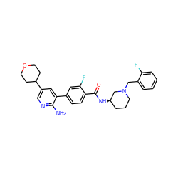 Nc1ncc(C2CCOCC2)cc1-c1ccc(C(=O)N[C@@H]2CCCN(Cc3ccccc3F)C2)c(F)c1 ZINC001772651762