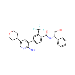 Nc1ncc(C2CCOCC2)cc1-c1ccc(C(=O)N[C@H](CO)c2ccccc2)c(C(F)(F)F)c1 ZINC001772583637