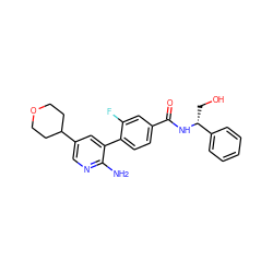 Nc1ncc(C2CCOCC2)cc1-c1ccc(C(=O)N[C@H](CO)c2ccccc2)cc1F ZINC001772583570