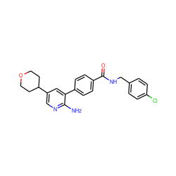 Nc1ncc(C2CCOCC2)cc1-c1ccc(C(=O)NCc2ccc(Cl)cc2)cc1 ZINC001772606347