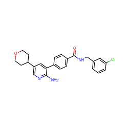 Nc1ncc(C2CCOCC2)cc1-c1ccc(C(=O)NCc2cccc(Cl)c2)cc1 ZINC001772641410