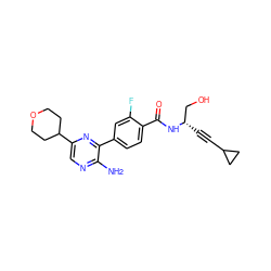 Nc1ncc(C2CCOCC2)nc1-c1ccc(C(=O)N[C@@H](C#CC2CC2)CO)c(F)c1 ZINC001772597798