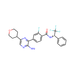 Nc1ncc(C2CCOCC2)nc1-c1ccc(C(=O)N[C@@H](c2ccccc2)C(F)(F)F)c(F)c1 ZINC001772619645