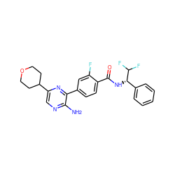 Nc1ncc(C2CCOCC2)nc1-c1ccc(C(=O)N[C@@H](c2ccccc2)C(F)F)c(F)c1 ZINC001772599493