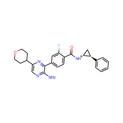 Nc1ncc(C2CCOCC2)nc1-c1ccc(C(=O)N[C@@H]2C[C@H]2c2ccccc2)c(F)c1 ZINC001772652046