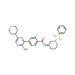 Nc1ncc(C2CCOCC2)nc1-c1ccc(C(=O)N[C@@H]2CCCN(S(=O)(=O)c3ccccc3)C2)c(F)c1 ZINC001772616246