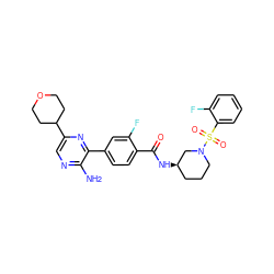 Nc1ncc(C2CCOCC2)nc1-c1ccc(C(=O)N[C@@H]2CCCN(S(=O)(=O)c3ccccc3F)C2)c(F)c1 ZINC001772627262