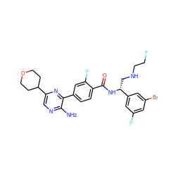 Nc1ncc(C2CCOCC2)nc1-c1ccc(C(=O)N[C@H](CNCCF)c2cc(F)cc(Br)c2)c(F)c1 ZINC001772621350