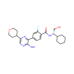 Nc1ncc(C2CCOCC2)nc1-c1ccc(C(=O)N[C@H](CO)C2CCCCC2)c(F)c1 ZINC001772614613