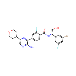 Nc1ncc(C2CCOCC2)nc1-c1ccc(C(=O)N[C@H](CO)c2cc(F)cc(Br)c2)c(F)c1 ZINC001772657822