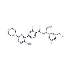 Nc1ncc(C2CCOCC2)nc1-c1ccc(C(=O)N[C@H](CO)c2cc(F)cc(CCl)c2)c(F)c1 ZINC001772592983