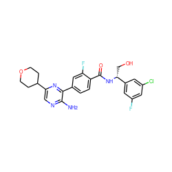 Nc1ncc(C2CCOCC2)nc1-c1ccc(C(=O)N[C@H](CO)c2cc(F)cc(Cl)c2)c(F)c1 ZINC001772586729