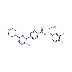 Nc1ncc(C2CCOCC2)nc1-c1ccc(C(=O)N[C@H](CO)c2ccc(F)c(Cl)c2)c(F)c1 ZINC001772589446