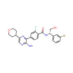 Nc1ncc(C2CCOCC2)nc1-c1ccc(C(=O)N[C@H](CO)c2cccc(Br)c2)c(F)c1 ZINC001772628612