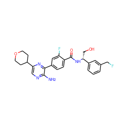 Nc1ncc(C2CCOCC2)nc1-c1ccc(C(=O)N[C@H](CO)c2cccc(CF)c2)c(F)c1 ZINC001772644785