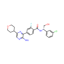 Nc1ncc(C2CCOCC2)nc1-c1ccc(C(=O)N[C@H](CO)c2cccc(Cl)c2)c(F)c1 ZINC001772618451