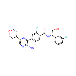 Nc1ncc(C2CCOCC2)nc1-c1ccc(C(=O)N[C@H](CO)c2cccc(F)c2)c(F)c1 ZINC001772626019