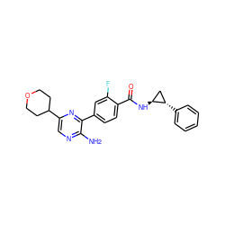 Nc1ncc(C2CCOCC2)nc1-c1ccc(C(=O)N[C@H]2C[C@@H]2c2ccccc2)c(F)c1 ZINC001772589032