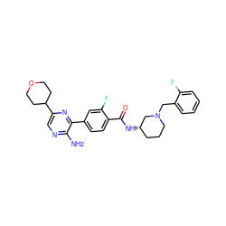 Nc1ncc(C2CCOCC2)nc1-c1ccc(C(=O)N[C@H]2CCCN(Cc3ccccc3F)C2)c(F)c1 ZINC001772597845