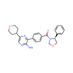 Nc1ncc(C2CCOCC2)nc1-c1ccc(C(=O)N2COC[C@@H]2c2ccccc2)cc1 ZINC001772651700