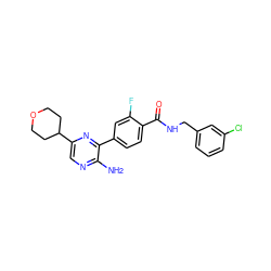 Nc1ncc(C2CCOCC2)nc1-c1ccc(C(=O)NCc2cccc(Cl)c2)c(F)c1 ZINC001772636438