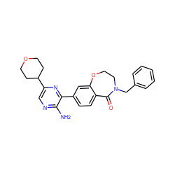 Nc1ncc(C2CCOCC2)nc1-c1ccc2c(c1)OCCN(Cc1ccccc1)C2=O ZINC001772650051