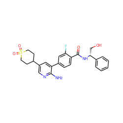 Nc1ncc(C2CCS(=O)(=O)CC2)cc1-c1ccc(C(=O)N[C@H](CO)c2ccccc2)c(F)c1 ZINC001772575573