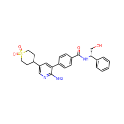 Nc1ncc(C2CCS(=O)(=O)CC2)cc1-c1ccc(C(=O)N[C@H](CO)c2ccccc2)cc1 ZINC001772599838